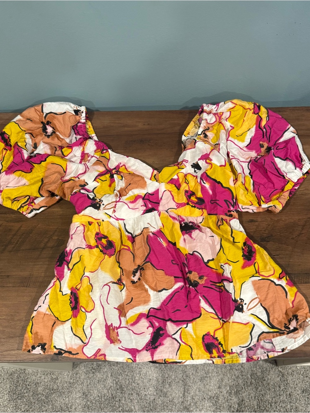 Nine West White Floral Smocked Neck Blouse with Pink, Yellow & Orange Accents
